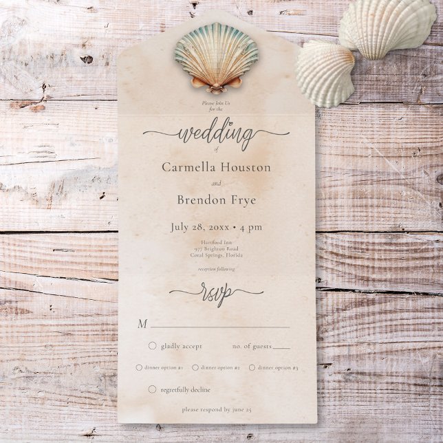 Modern middagstid för havsvansskal och vattenfärg  (Modern Coastal Seashell Sand Watercolor Dinner All In One Invitation)