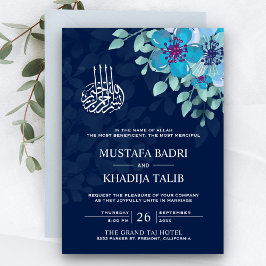 Modern Midnatt Blå Blommig Islamisk Muslimsk Bröll Inbjudningar