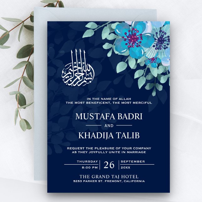 Modern Midnatt Blå Blommig Islamisk Muslimsk Bröll Inbjudningar (Skapare uppladdad)