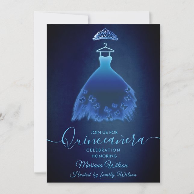 Modern midnight blue butterfly dress tiara Quince Inbjudningar (Framsida)