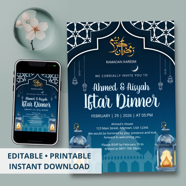 Modern Midnight Blue & Gold Lantern Iftar Inbjudningar (Skapare uppladdad)