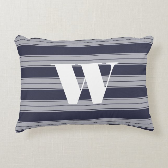 Modern Midnight Blue & Grått Rand Initial Prydnadskudde (Framsidan)