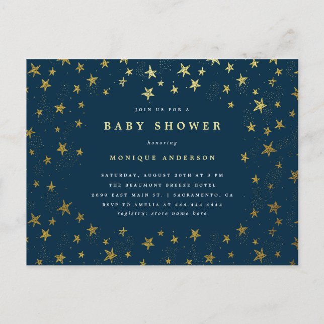 Modern Midnight Blue & Guld Stars Baby Shower Inbjudan Vykort (Framsida)