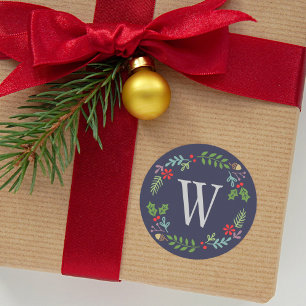 Modern Midnight Blue Monogram Helgdag Runt Klistermärke
