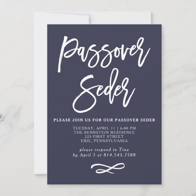 Modern Midnight Blue och White Pover Seder Card Inbjudningar (Framsida)