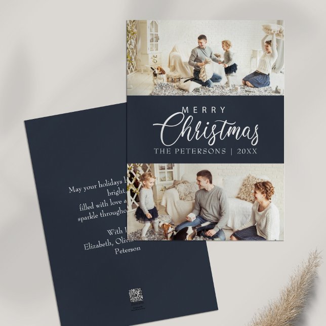 Modern Midnight Blue Photo Collage jul Julkort (Modern Midnight Blue Photo Collage Christmas Holiday Card on white table)