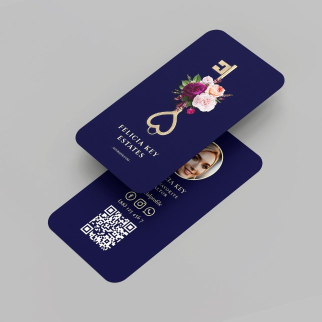 Modern Midnight Blue Realtor Blommigt Nyckel Photo Visitkort (Modern Midnight Blue Realtor Floral Key Photo Business Card
)