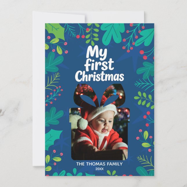 Modern “Min första jul” Baby-fotokort Julkort (Framsida)