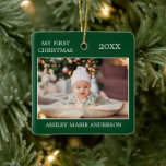 Modern min första julfotopaté Baby Grönt Julgransprydnad Keramik<br><div class="desc">Modern Elegant Min första julprydnad - Foton Baby på framsidan och baksidan</div>