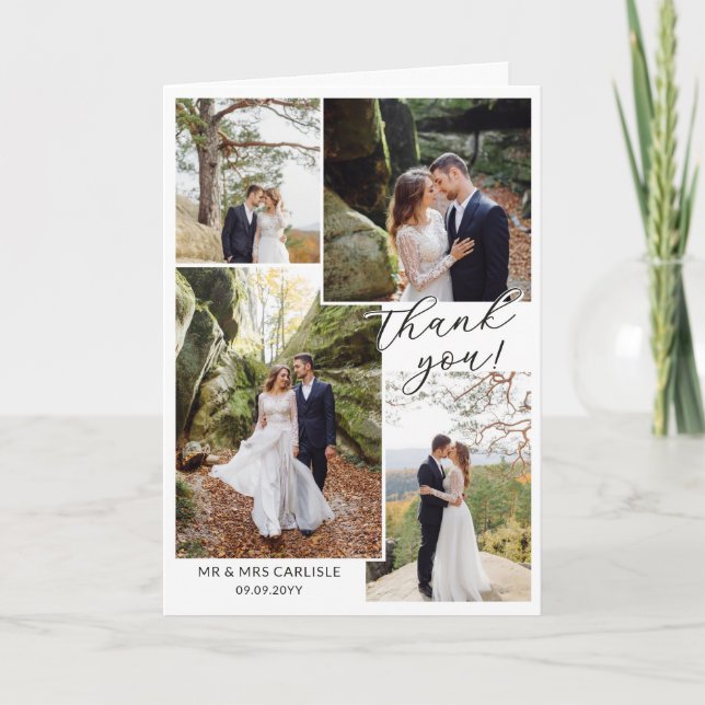 Modern Minial 4 Photo Collage Wedding Thank You Tack Kort (Framsida)