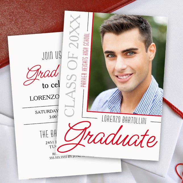 Modern minimal 1 fotoröd och vit Studenten Inbjudningar (Modern Crimson Red Grad Party Graduation Announcement Invitation with One Photo)