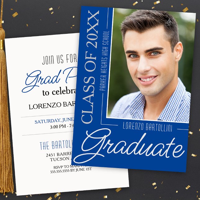 Modern minimal 1 fotoutblått och vitt Studenten Inbjudningar (Elegant Minimal Blue and White Graduation Announcements with Grad Party Invitation and 1 Photo)