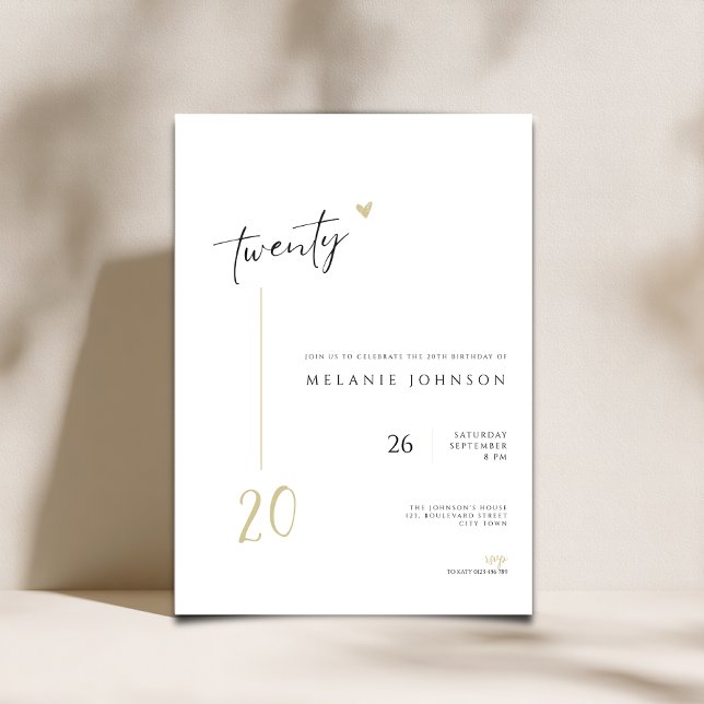 Modern Minimal 20th Birthday Party Invitation Inbjudningar (Minimal Modern 20th birthday invitation with handwritten typography.)