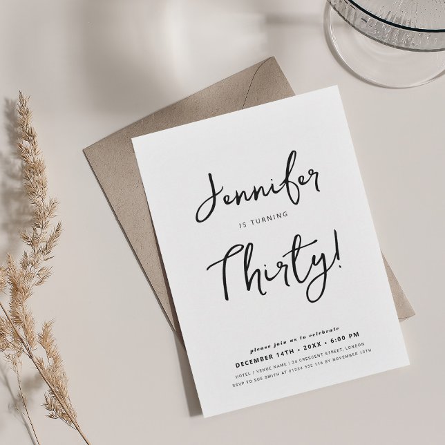 Modern minimal 30års födelsedag-skript, svart och  inbjudningar (Modern Minimal 30th Birthday Script Black & White Invitation)