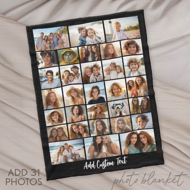 Modern Minimal 31 Fotokollage med skripttext Fleecefilt (Custom Fleece Blanket with Photo Collage for Family and Friends)