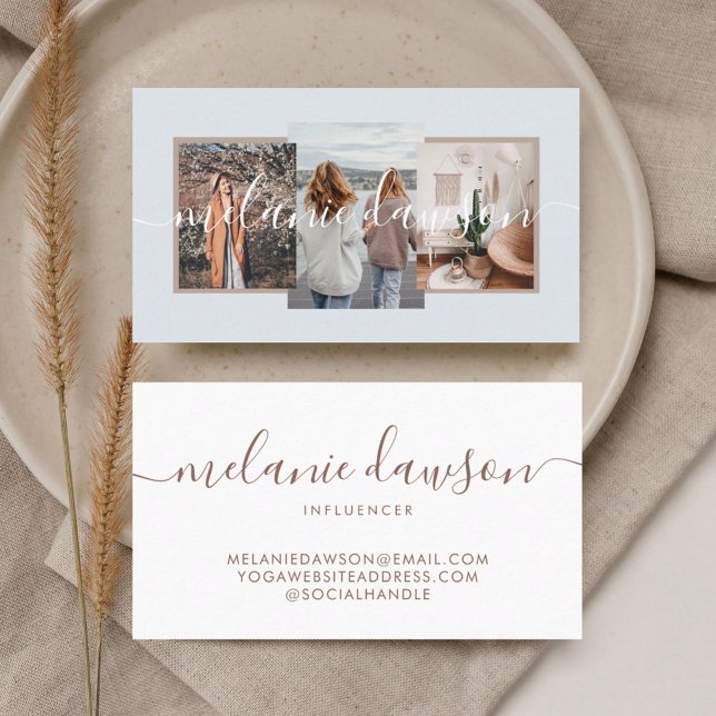 Modern Minimal 3 Foto Social Influencer Ljusblå Visitkort (Skapare uppladdad)