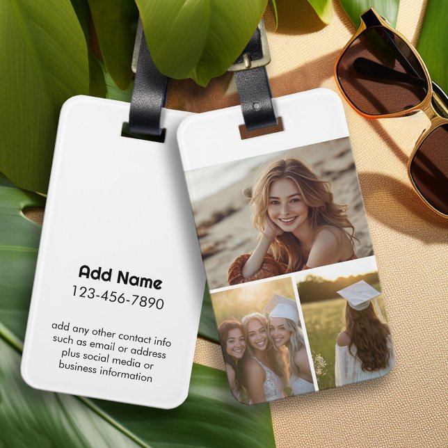 Modern minimal 3-fotokollage med kontaktinformatio bagagebricka (Custom Photo Collage Luggage Tag)