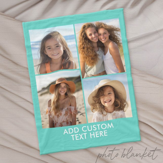 Modern Minimal 4-Foto Collage - med Text Fleecefilt (Custom Photo Blanket)