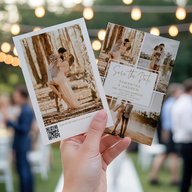 Modern minimal 4-foto Guld QR Bröllop Spara Datumet (Modern Minimal 4-Photo Gold QR Wedding Save The Date)
