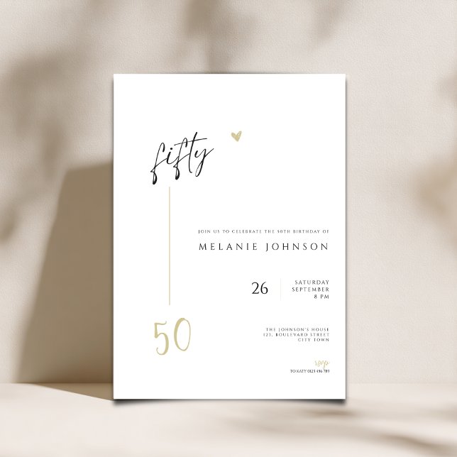 Modern Minimal 50-års Födelsedagsinbjudan Inbjudningar (Minmalist Modern 50th birthday invitation with handwritten typography)