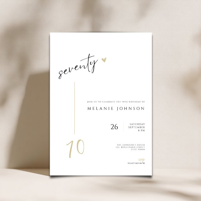 Modern Minimal 70-års Födelsedagsinbjudan Inbjudningar (minimalist 70th birthday invitation with handwriting typography.)