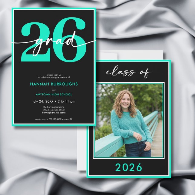 Modern Minimal Aqua Script Examenfest Inbjudningar (Modern Minimal Aqua Script Graduation Party Invitation)