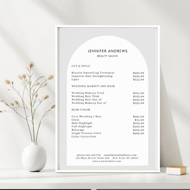 Modern Minimal Ark Gra Salon Prislista Poster (Modern Minimal Arch Gray Salon Price List. Prints & Instant Download Available.)