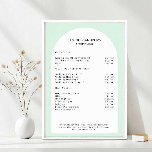 Modern Minimal Ark Prislista för Salong Poster (Modern Minimal Arch Green Salon Price List. Prints & Instant Download Available.)