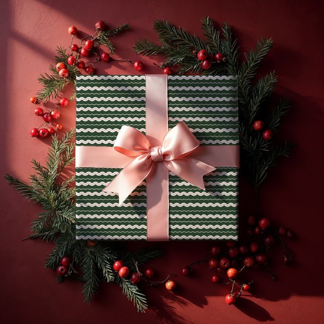 Modern minimal återställning Vågigt Grönt och Rosa Presentpapper (Modern Minimal Retro Wavy Green & Pink Stripe Wrapping Paper)