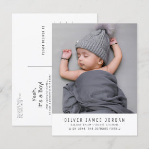 Modern Minimal Baby Boy Födelse Annonsering Foto Vykort