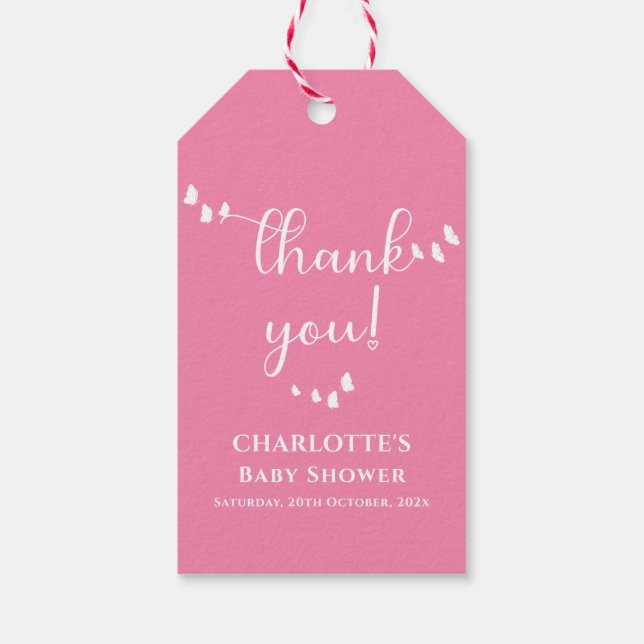 Modern minimal babystövel för fjäril-kalligrafi presentetikett (Baksidan)