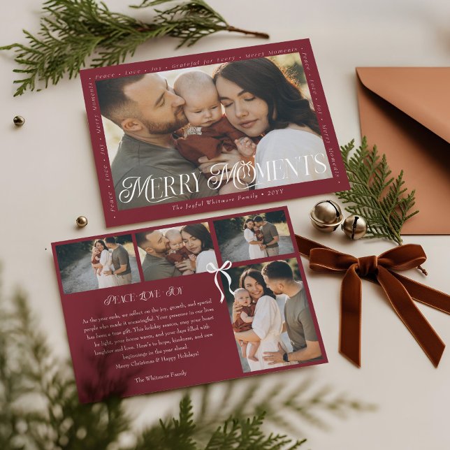 Modern Minimal Båg Glada Minnen Fotokollage Julkort (Modern Minimal Bow Merry Moments Photo Collage Holiday Card)