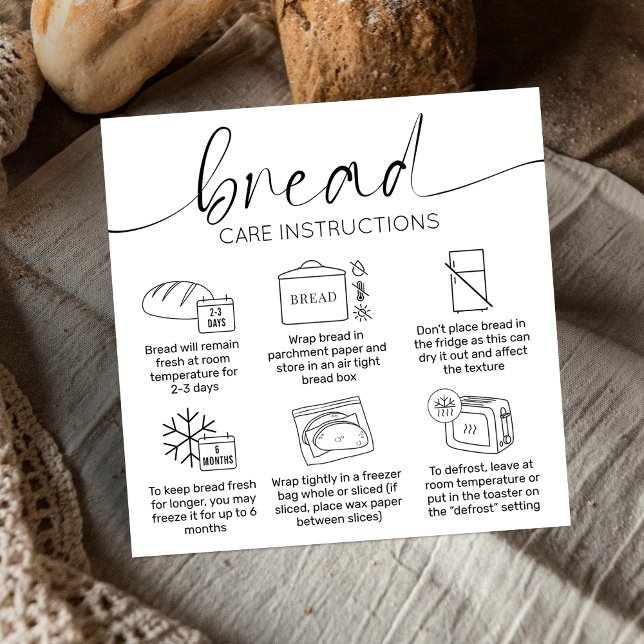 Modern minimal Bakery Bread Loaf Care Instructions Fyrkantigt Visitkort (Fresh bread care instructions cards with icons, elegant fonts and minimalist black and white scheme)