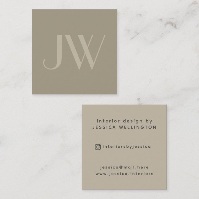 Modern Minimal Beige Monogram-Inredingsdesign Fyrkantigt Visitkort (Fram/baksida)