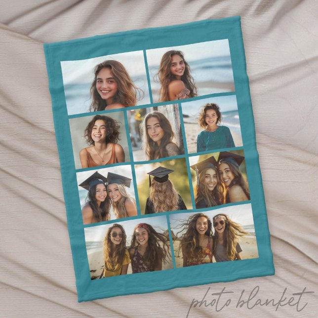 Modern Minimal Blå - 10 Foto Collage Fleecefilt (Custom Photo Blanket - Makes a Great Gift)