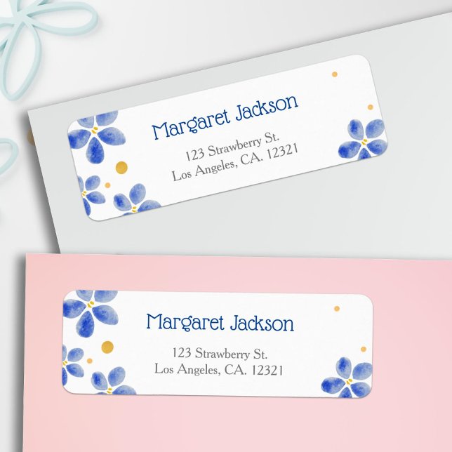Modern Minimal Blå Akvarell Blommig Stilren Returadress Etikett (Skapare uppladdad)