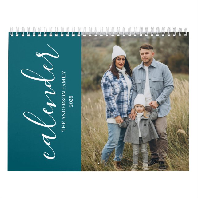 Modern minimal blå foto familj elegant kalender (Omslag)