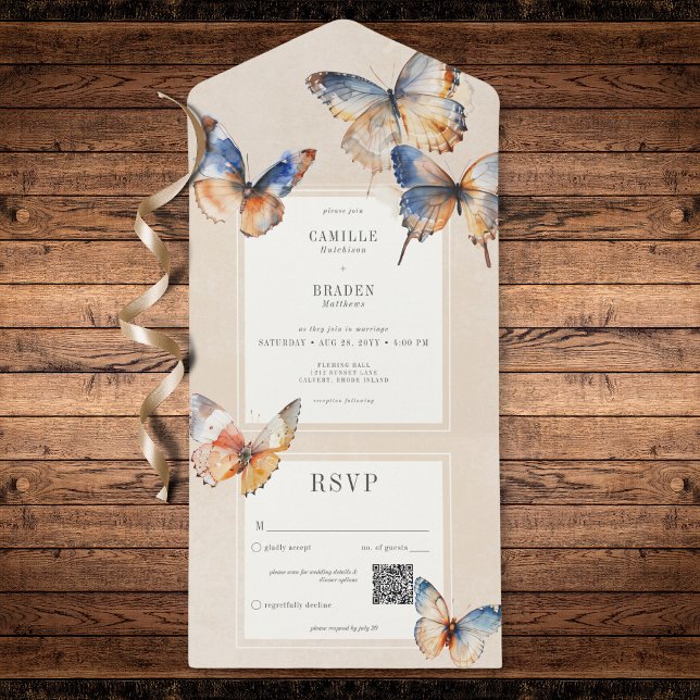 Modern Minimal Blå & Rostfärgade Fjärilar Tan QR-k (Modern Minimal Blue & Rust Butterflies QR Code All In One Invitation)