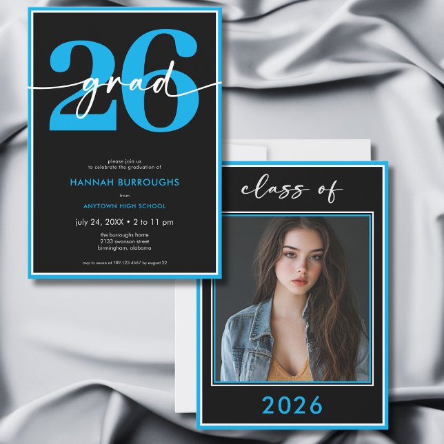 Modern Minimal Blå Skrift Examen Fest Inbjudningar (Modern Minimal Blue Script Graduation Party Invitation)