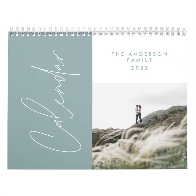 Modern minimal blue 2 photo family elegant kalender (Omslag)