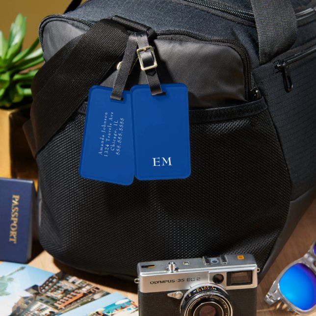 Modern Minimal Blue Monogrammed Initialer Bagagebricka (Fram & Baksida)