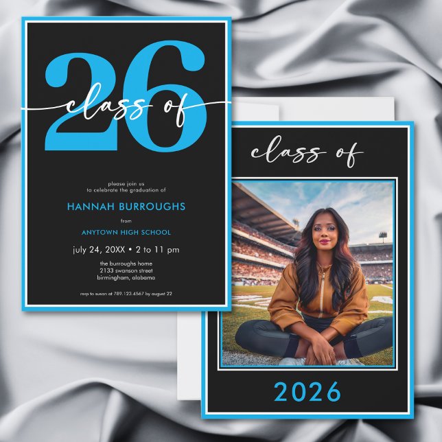 Modern Minimal Blue Script Graduation Party Inbjudningar (Modern Minimal Blue Script Graduation Party Invitation)