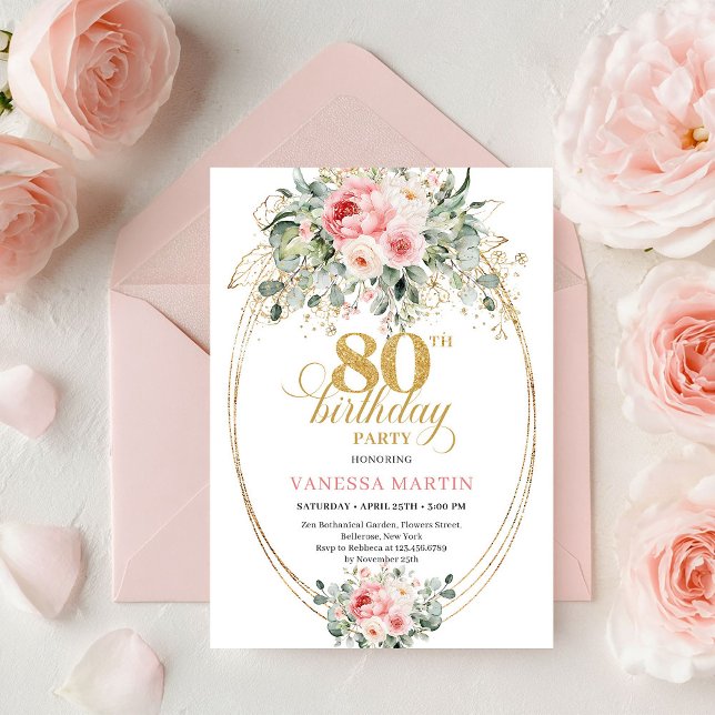 Modern Minimal Blush Blommig 80-års inbjudan  (Modern Minimal Blush Floral 80th Birthday Invite Set

)