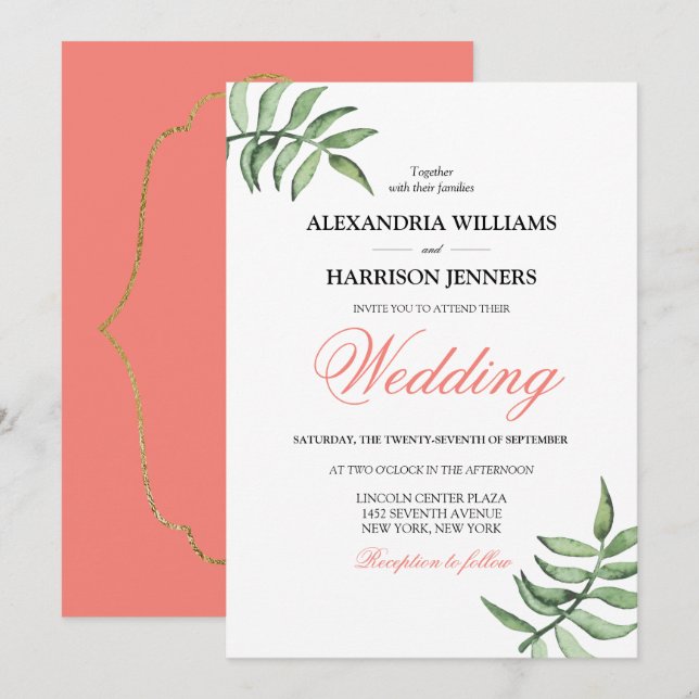 Modern minimal botanisk koral Grönt Bröllop Inbjudningar (Fram/baksida)