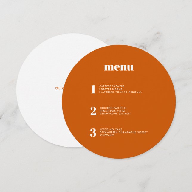 Modern minimal bränd Orange runda Bröllop Meny (Fram/baksida)