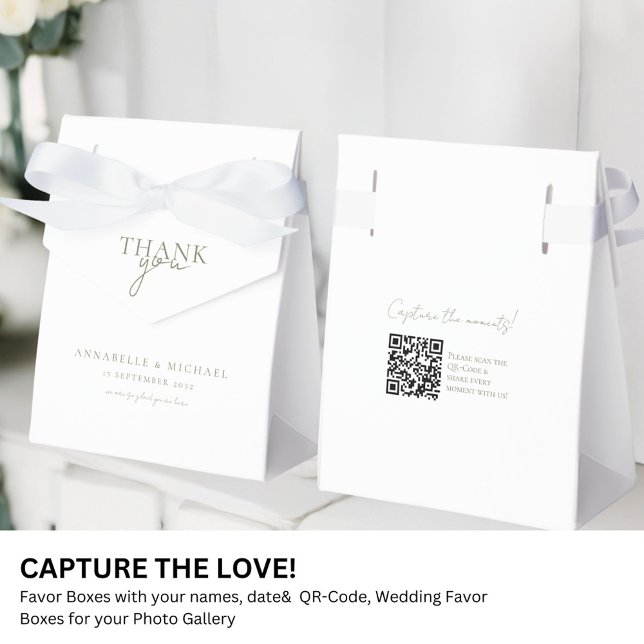 Modern, minimal, Bröllop QR-kodsfotodelning Presentaskar (Modern, Minimal, Wedding QR Code Photo Sharing Favor Boxes with your names and date.)