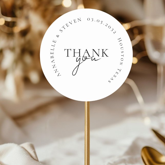 Modern, minimal, Bröllop Runt Klistermärke (THANK YOU! Modern, Minimal, White, Wedding Classic Round Sticker with your name and date)