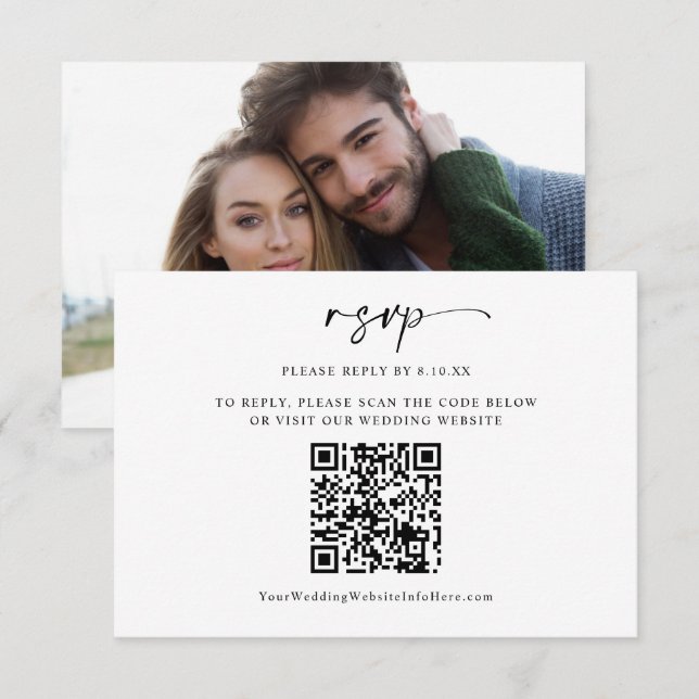 Modern Minimal Bröllops QR-kod Foto RSVP-kort OSA Kort (Fram/baksida)