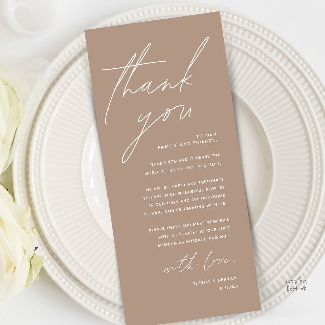 Modern Minimal Bröllopsfest Tacksamhetskort Program (Modern Minimal Wedding Reception Dinner Brunch Lunch Thank You Card in Warm Taupe Brown)