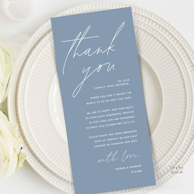 Modern Minimal Bröllopsfest Tacksamhetskort Program (Modern Minimal Wedding Reception Dinner Brunch Lunch Thank You Card in Dusty Blue)
